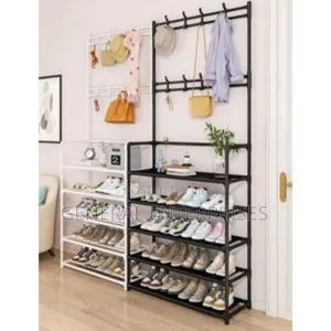 Metal 5-Tier Shoe Shelf and 8-Hook Coat Rack Organizer.