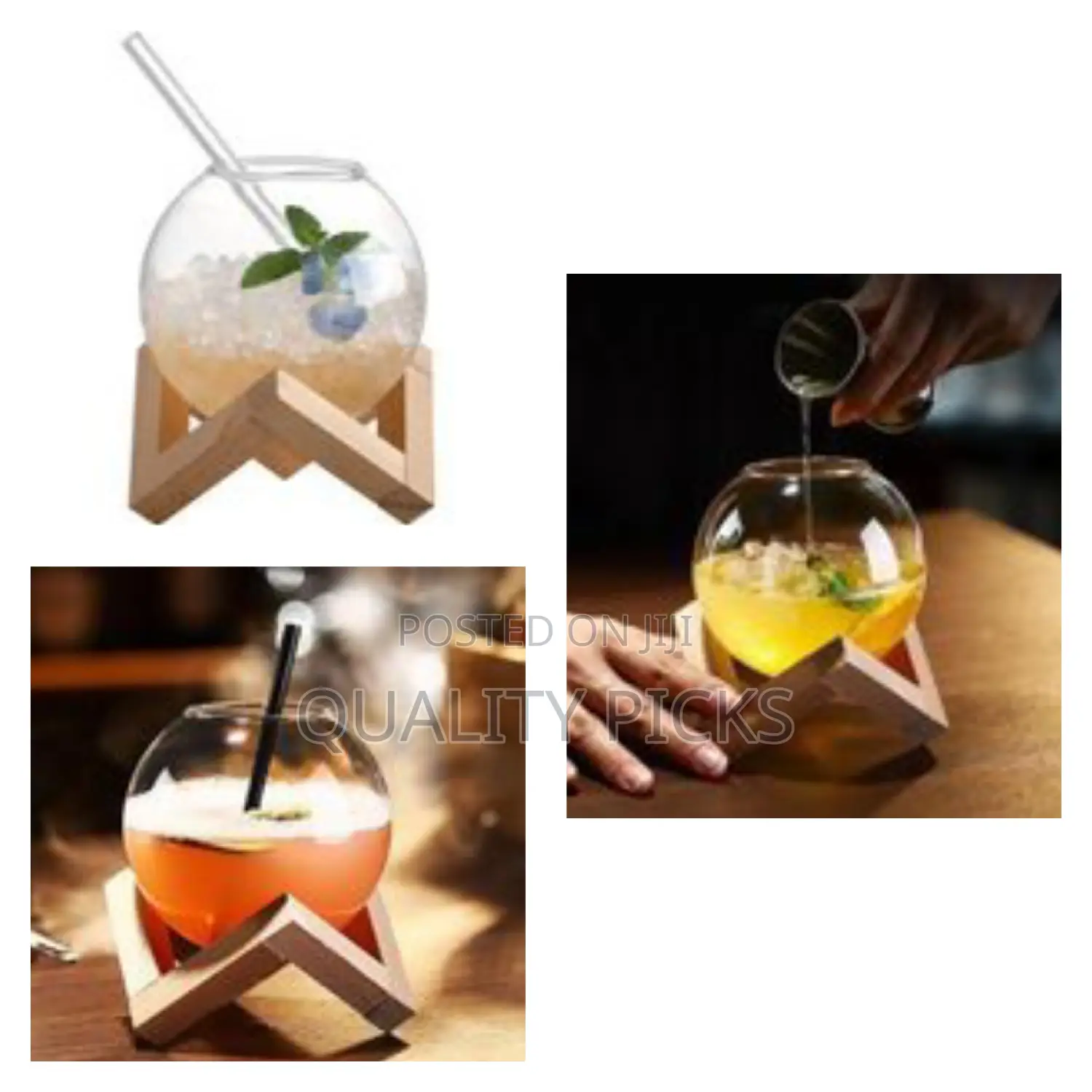 Modern Spherical Glass Beverage Vessel With Geometric Wooden Stand