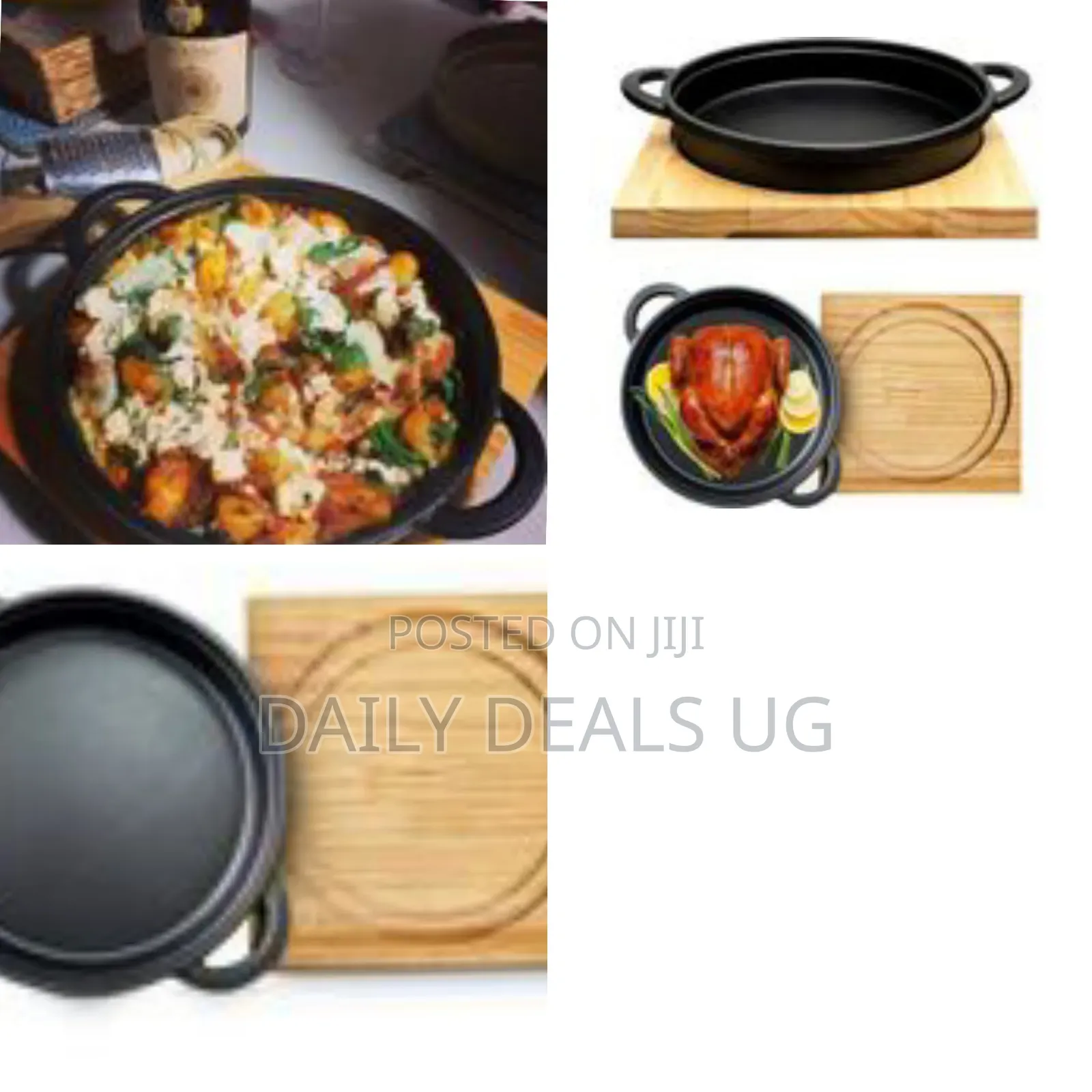 A Cast Iron Skillet Set With a Wooden Serving Board