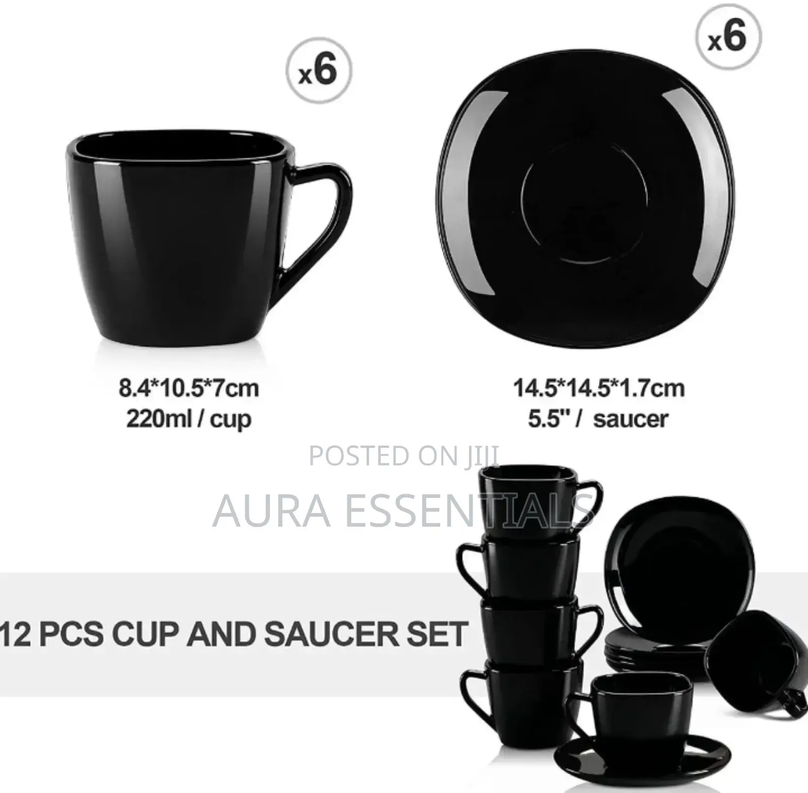 12- Piece Black Opal Glass Coffee Cup and Saucer Set