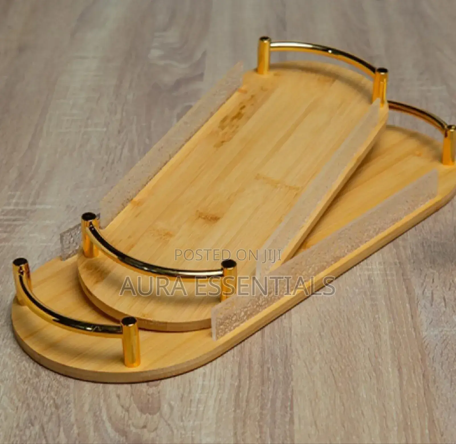 2pcs Mini Bamboo Serving Trays With Gold-Toned Metal Handles
