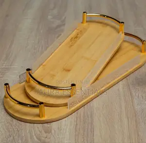 2pcs Mini Bamboo Serving Trays With Gold-Toned Metal Handles