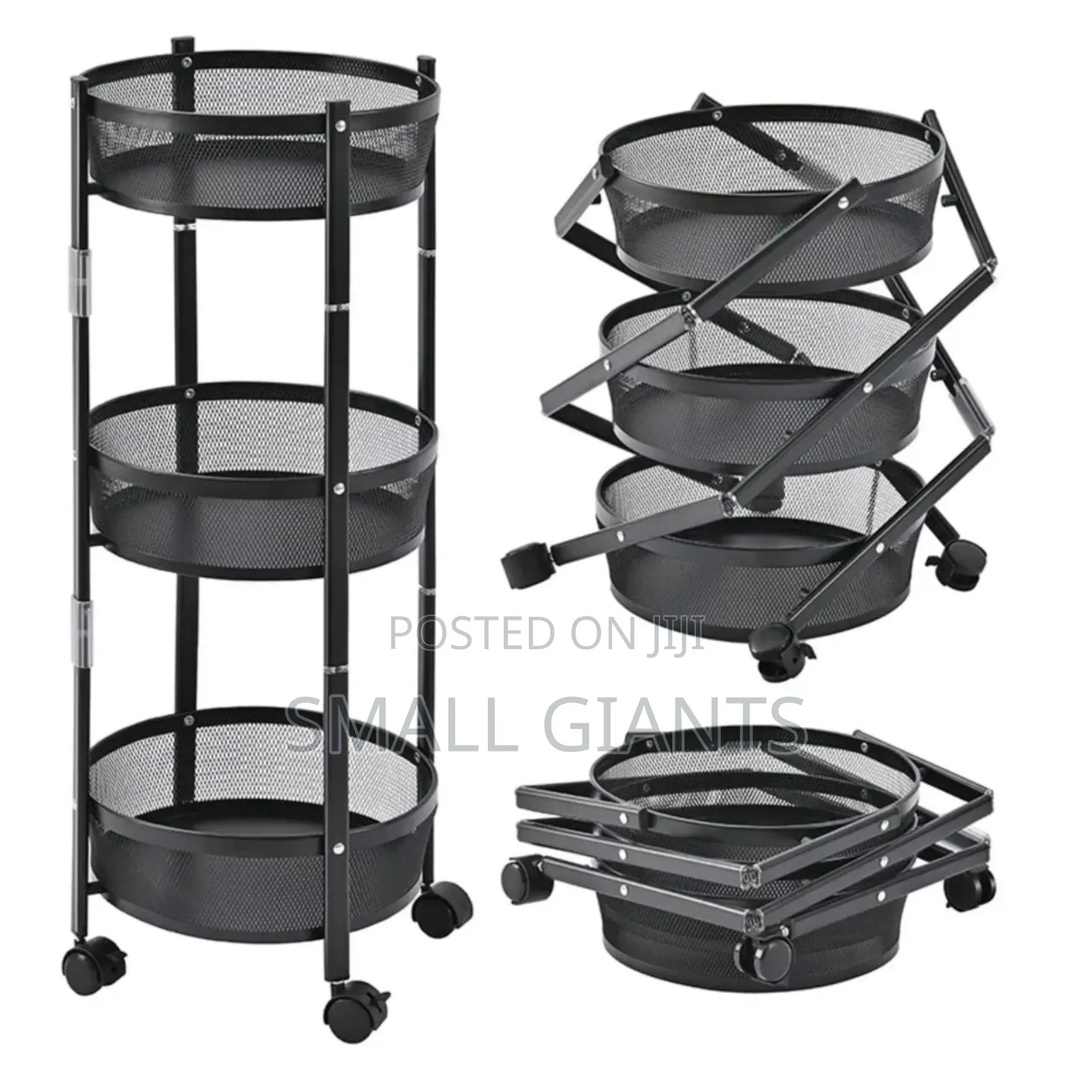 3-tier Round Foldable Rolling Utility Storage Cart.
