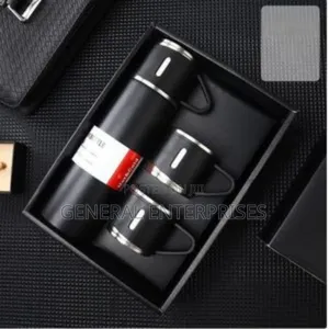 Black Stainless Steel Vacuum Flask Set With Two Cups.