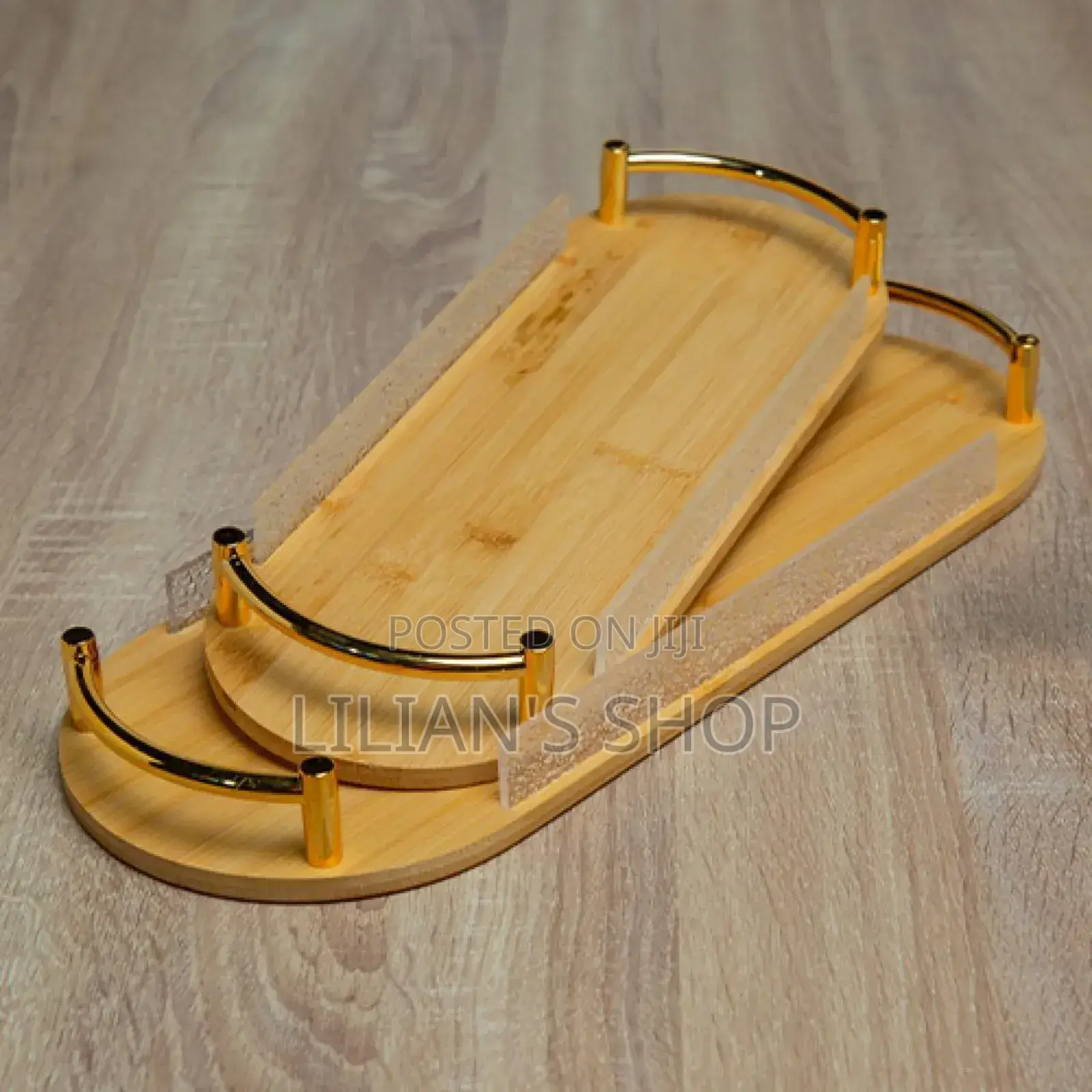 2pcs Mini Bamboo Serving Trays With Gold-Toned Metal Handles