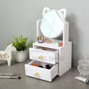 Cosmetic Organizer With a Rotating Mirror and Two Drawers.