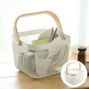 Mesh Steel Storage Organizer Basket With A Wooden Or Bamboo Handle.