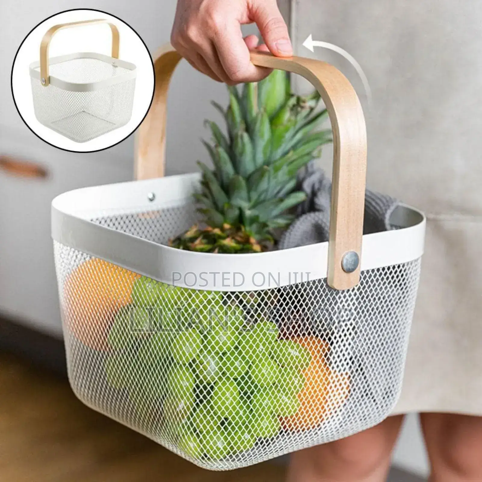 Mesh Steel Storage Organizer Basket With A Wooden Or Bamboo Handle.
