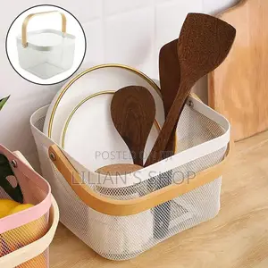 Mesh Steel Storage Organizer Basket With A Wooden Or Bamboo Handle.
