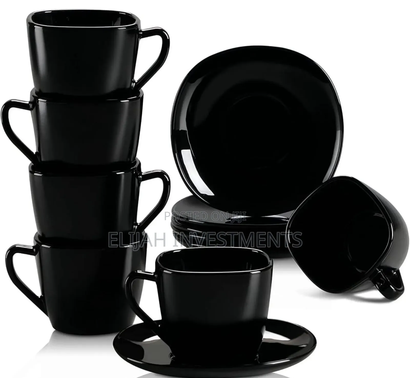 12- Piece Black Opal Glass Coffee Cup and Saucer Set.