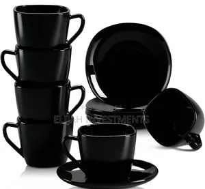 12- Piece Black Opal Glass Coffee Cup and Saucer Set.