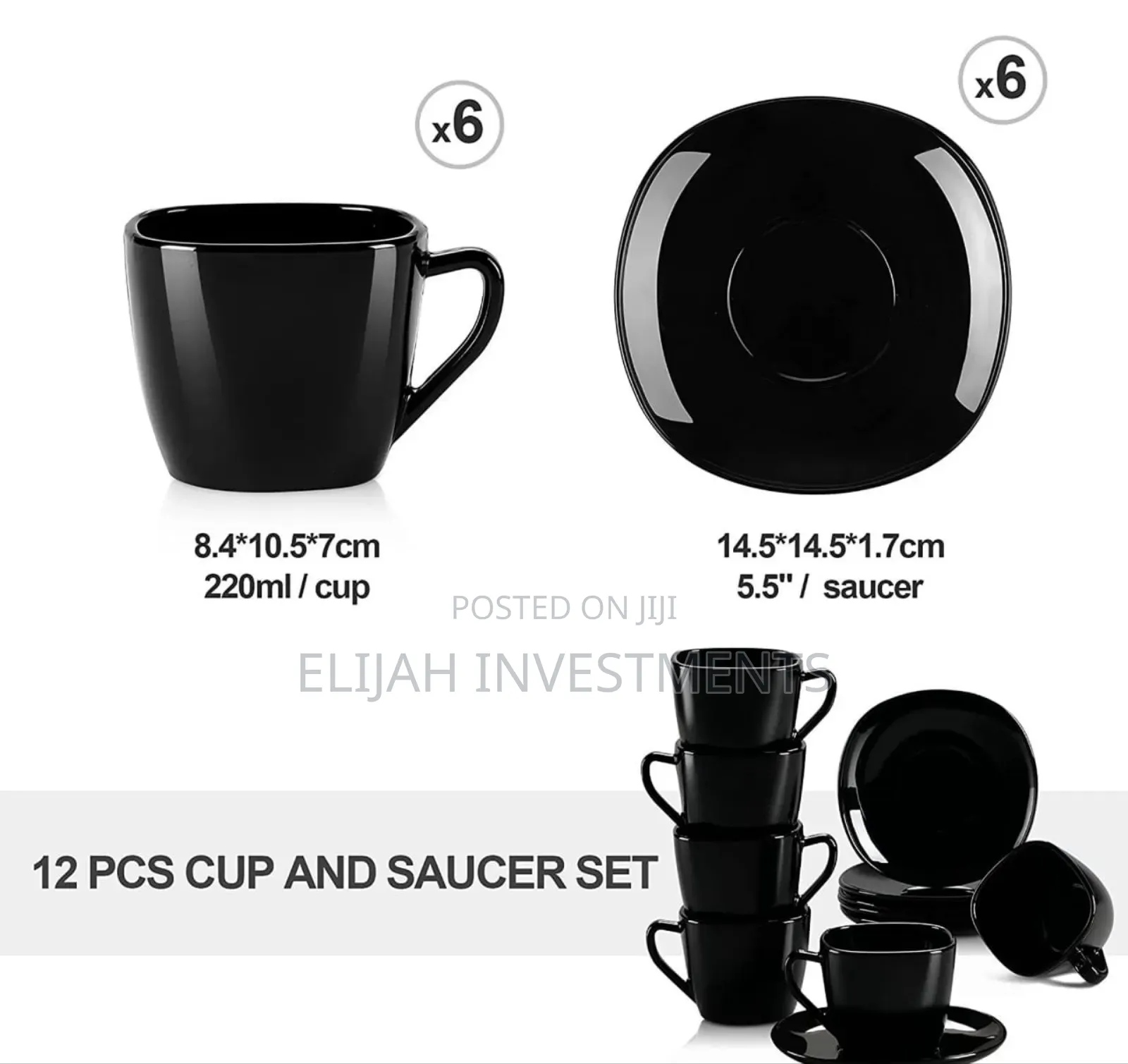 12- Piece Black Opal Glass Coffee Cup and Saucer Set.