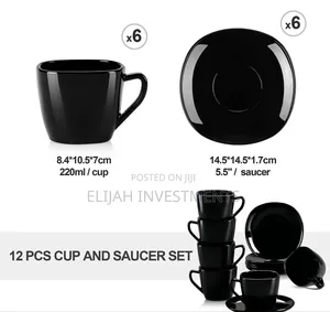 12- Piece Black Opal Glass Coffee Cup and Saucer Set.