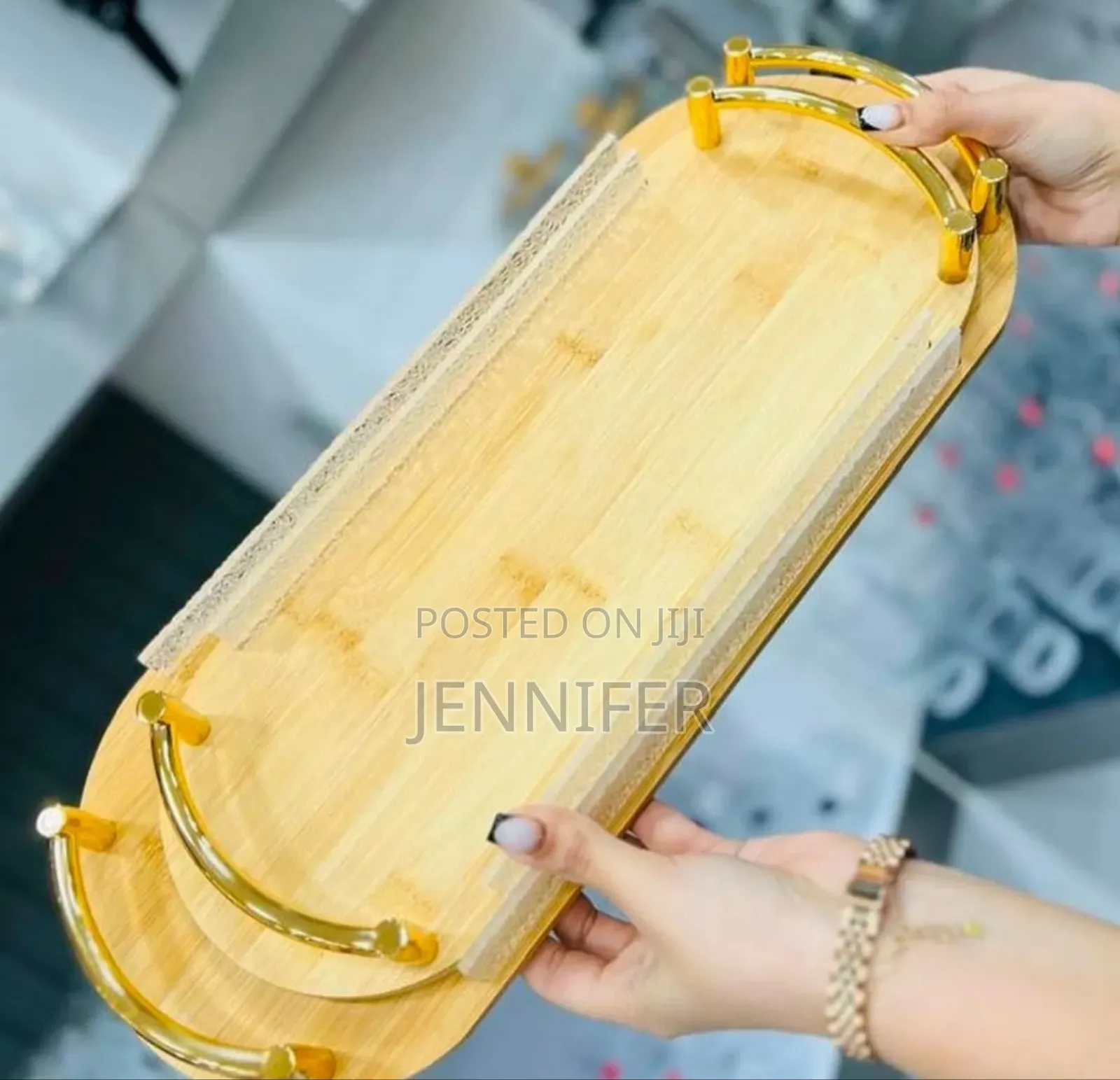2pcs Mini Bamboo Serving Trays With Gold-Toned Metal Handles