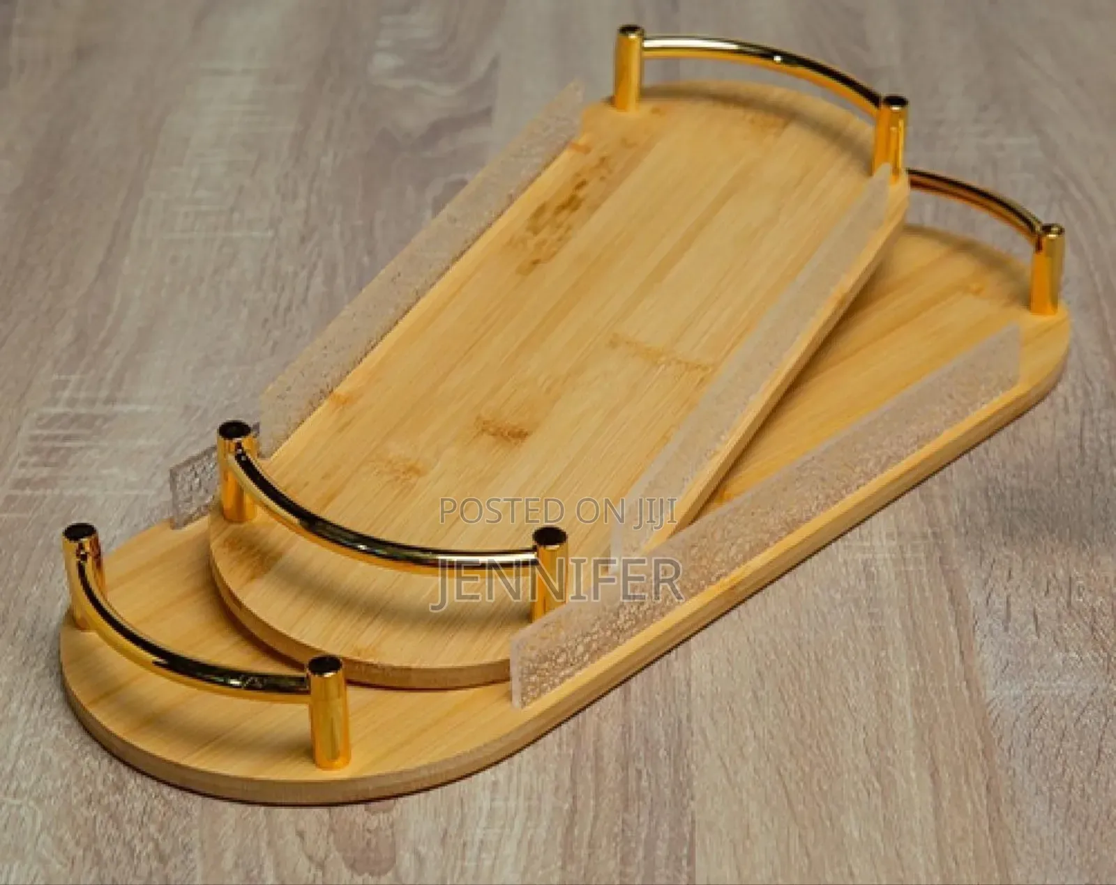 2pcs Mini Bamboo Serving Trays With Gold-Toned Metal Handles