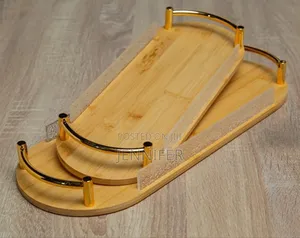 2pcs Mini Bamboo Serving Trays With Gold-Toned Metal Handles