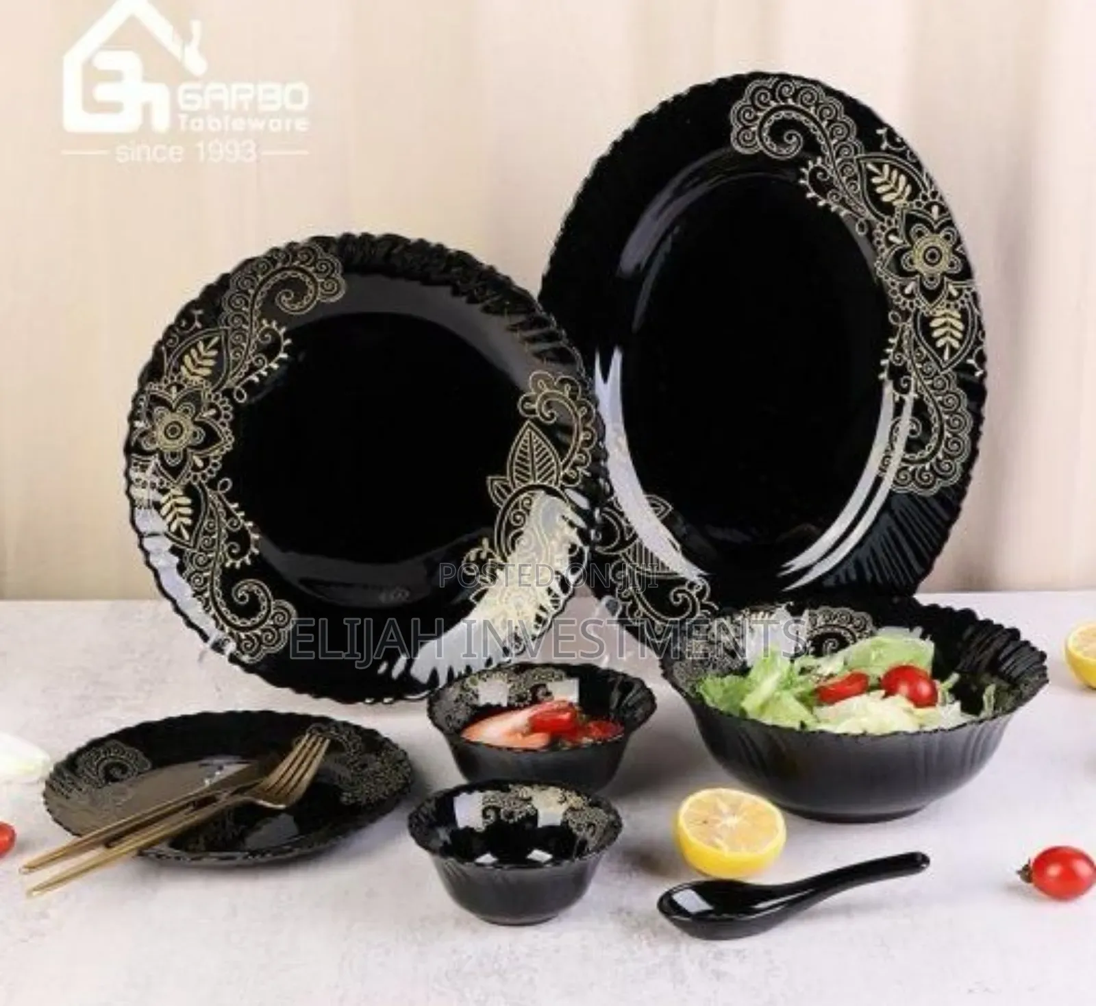 32-Piece Arabic Style Black Opal Glass Dinner Set With Decal