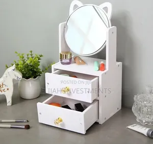 Cosmetic Organizer With a Rotating Mirror and Two Drawers.