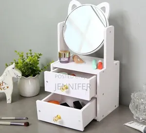 Cosmetic Organizer With a Rotating Mirror and Two Drawers.