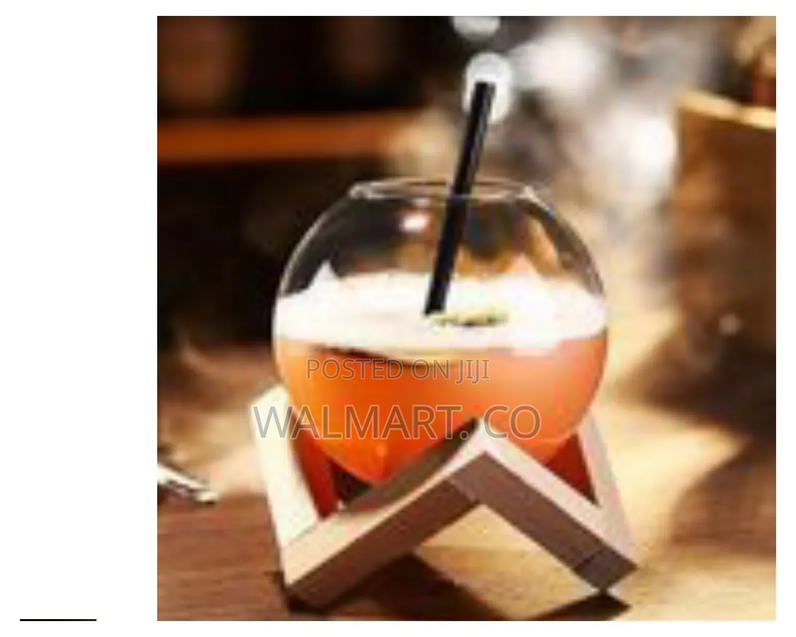 Modern Spherical Glass Beverage Vessel With Geometric Wooden Stand