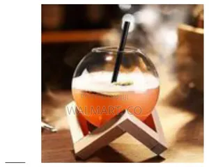Modern Spherical Glass Beverage Vessel With Geometric Wooden Stand