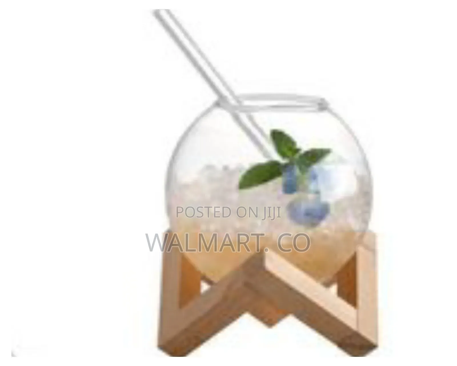 Modern Spherical Glass Beverage Vessel With Geometric Wooden Stand