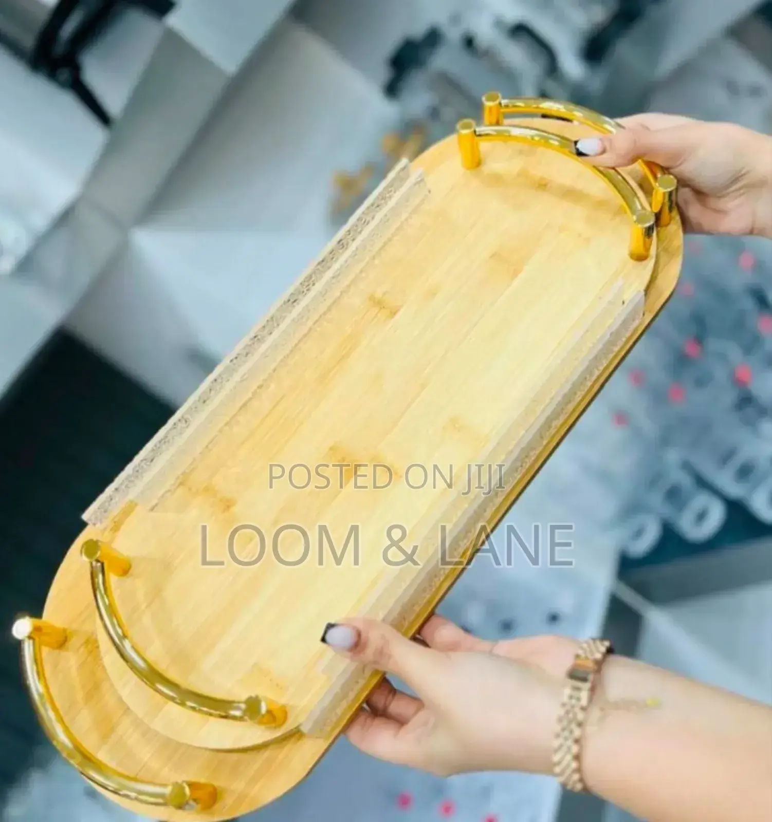 2pcs Mini Bamboo Serving Trays With Gold-Toned Metal Handles