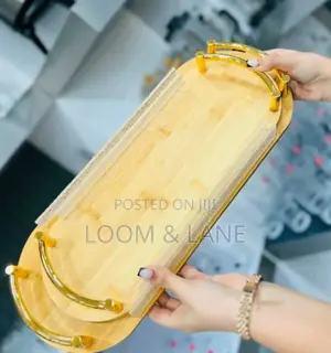 2pcs Mini Bamboo Serving Trays With Gold-Toned Metal Handles