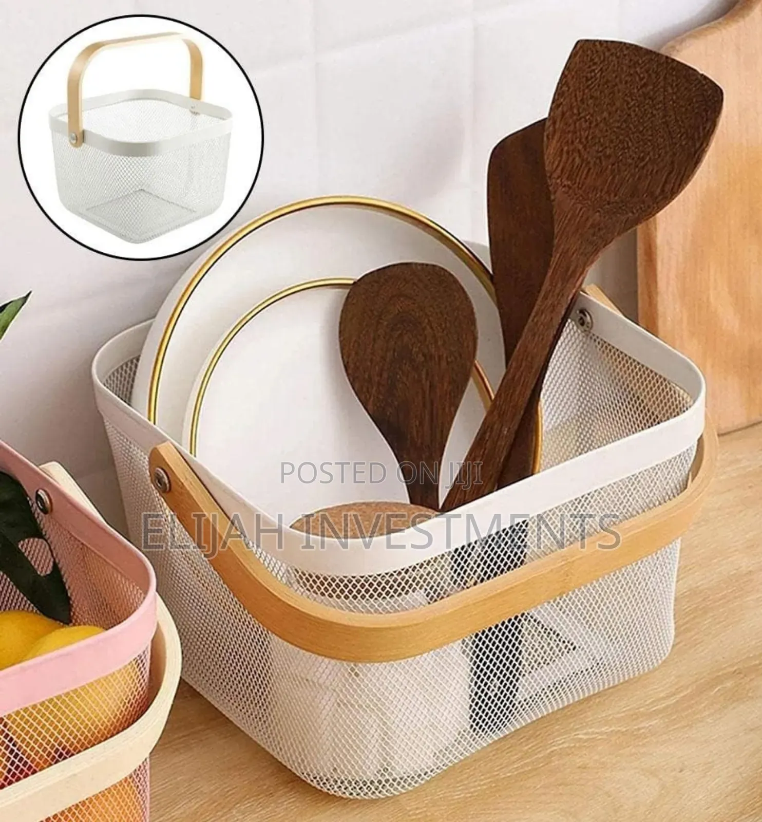 Mesh Steel Storage Organizer Basket With a Wooden or Bamboo Handle.