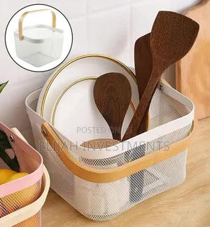 Mesh Steel Storage Organizer Basket With a Wooden or Bamboo Handle.
