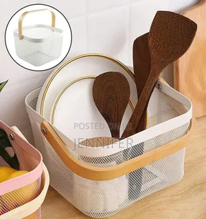 Mesh Steel Storage Organizer Basket With a Wooden or Bamboo Handle.