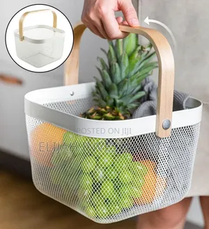 Mesh Steel Storage Organizer Basket With a Wooden or Bamboo Handle.