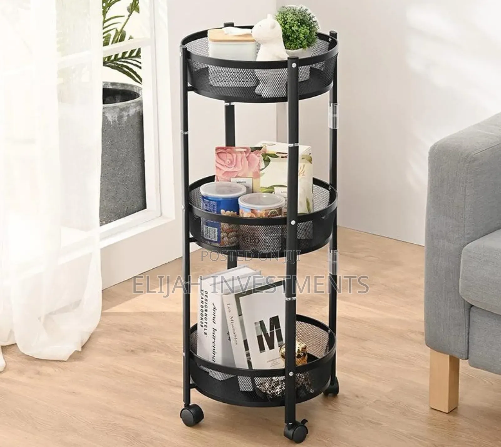 3-Tier Round Foldable Rolling Utility Storage Cart.
