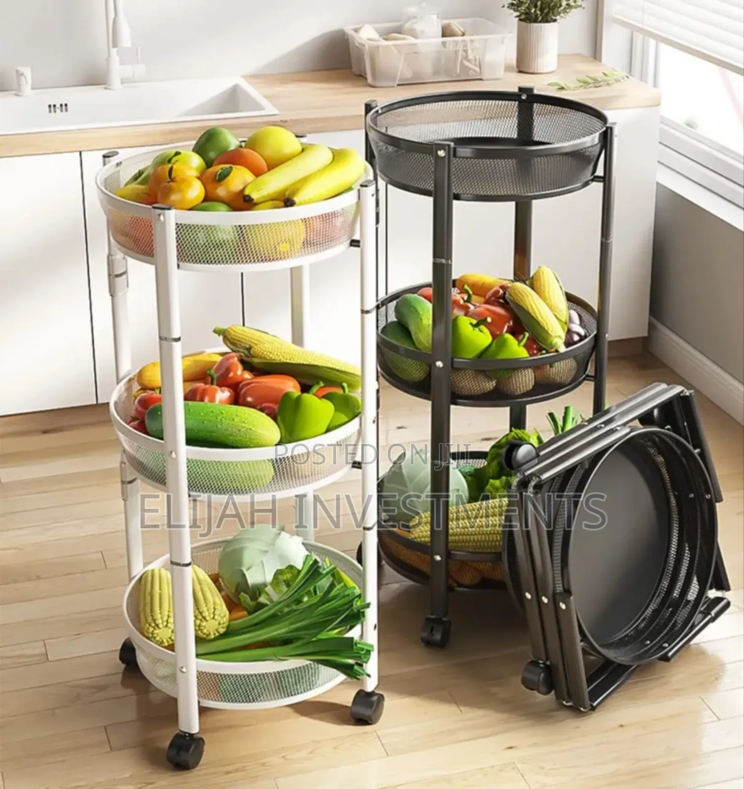 3-Tier Round Foldable Rolling Utility Storage Cart.