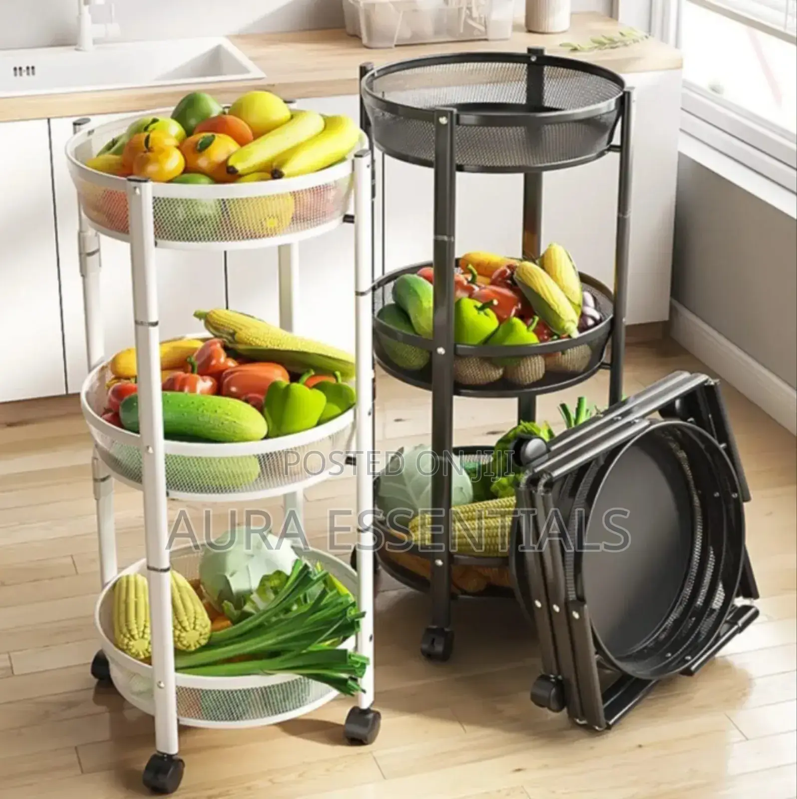 3-Tier Round Foldable Rolling Utility Storage Cart