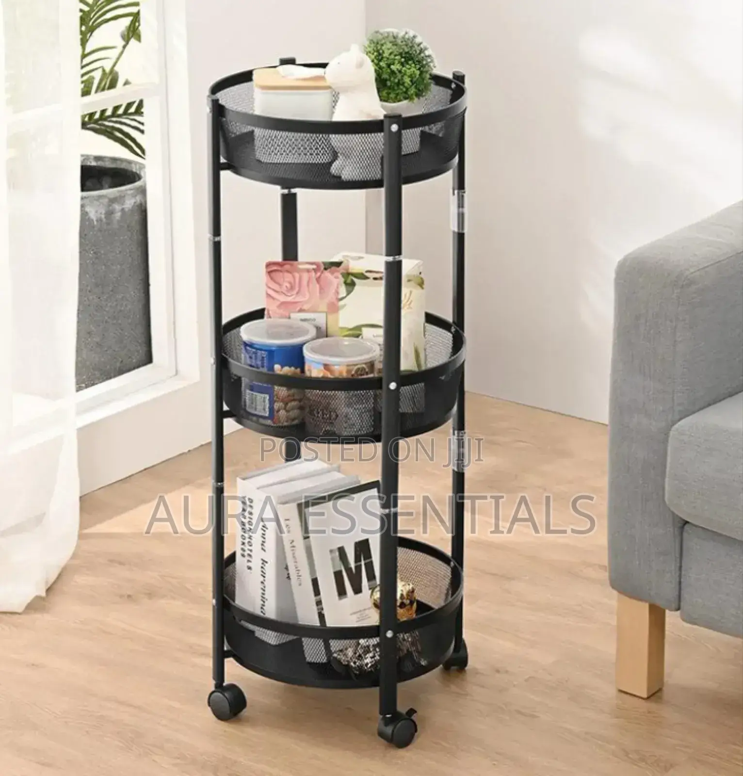 3-Tier Round Foldable Rolling Utility Storage Cart