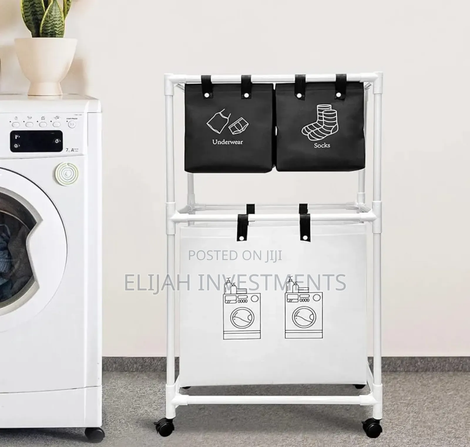 Multi-Functional 3-Tier Rolling Laundry Sorter With Shelves.