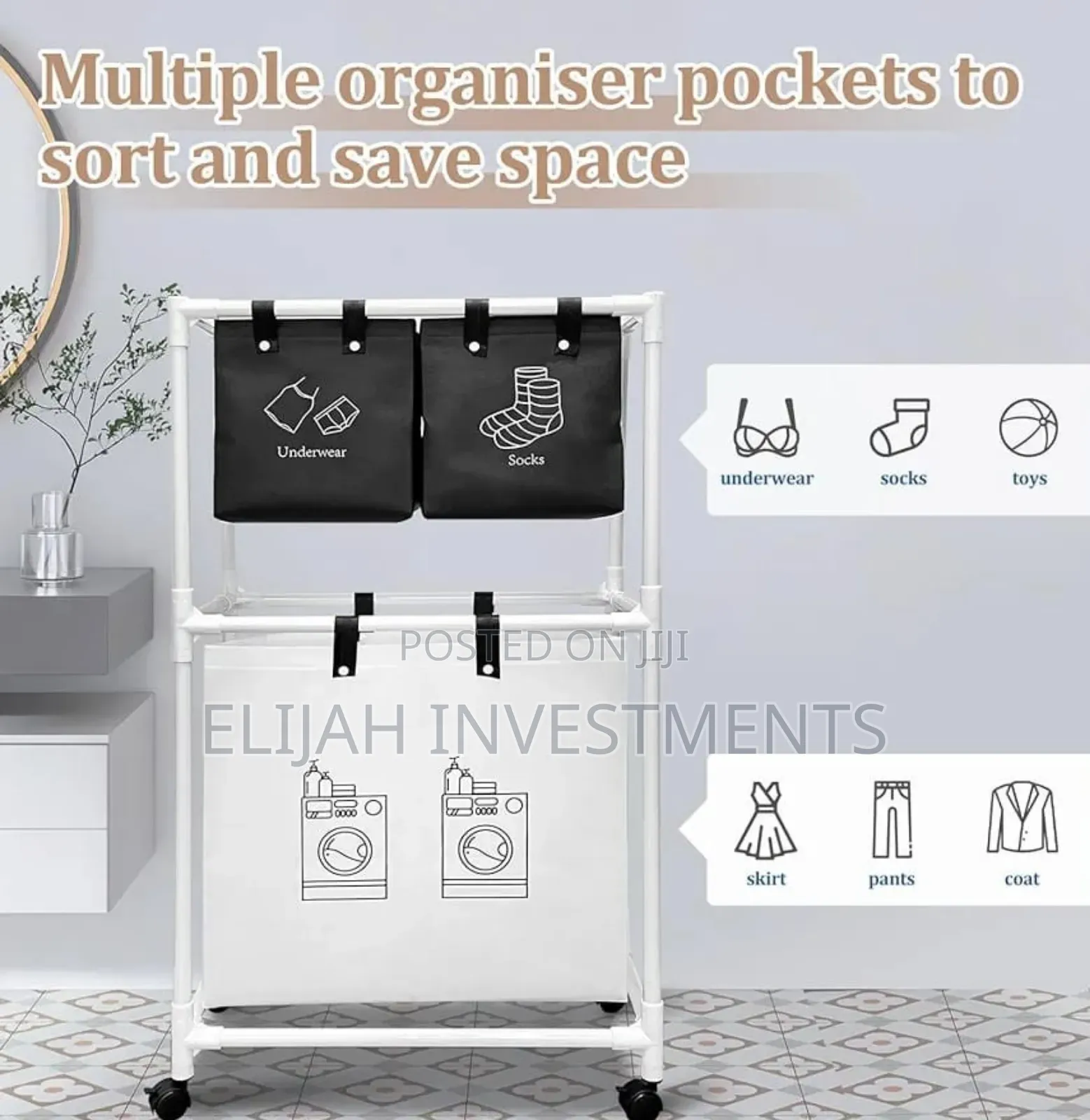 Multi-Functional 3-Tier Rolling Laundry Sorter With Shelves.