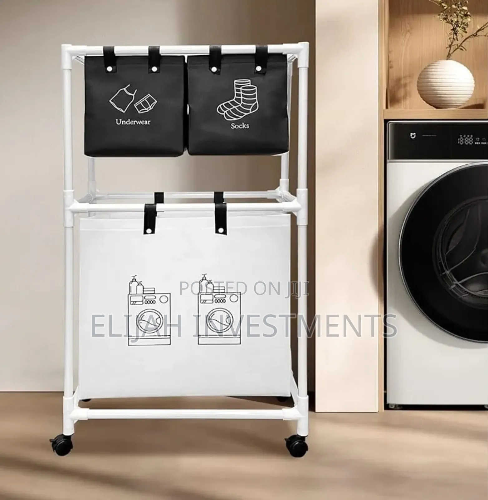 Multi-Functional 3-Tier Rolling Laundry Sorter With Shelves.