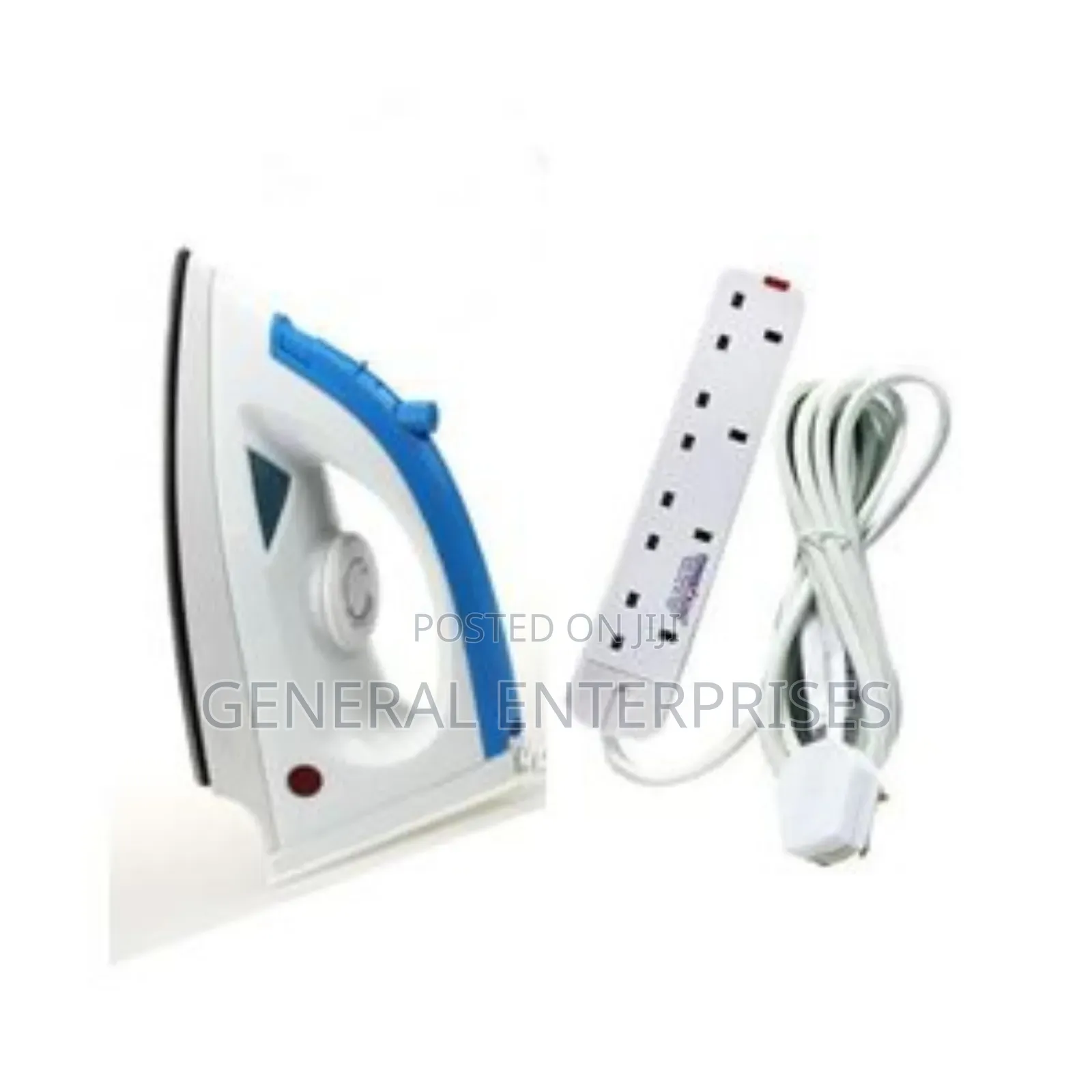 Blue and White Steam Flat Iron Paired With a 4-Way Extension Cable.