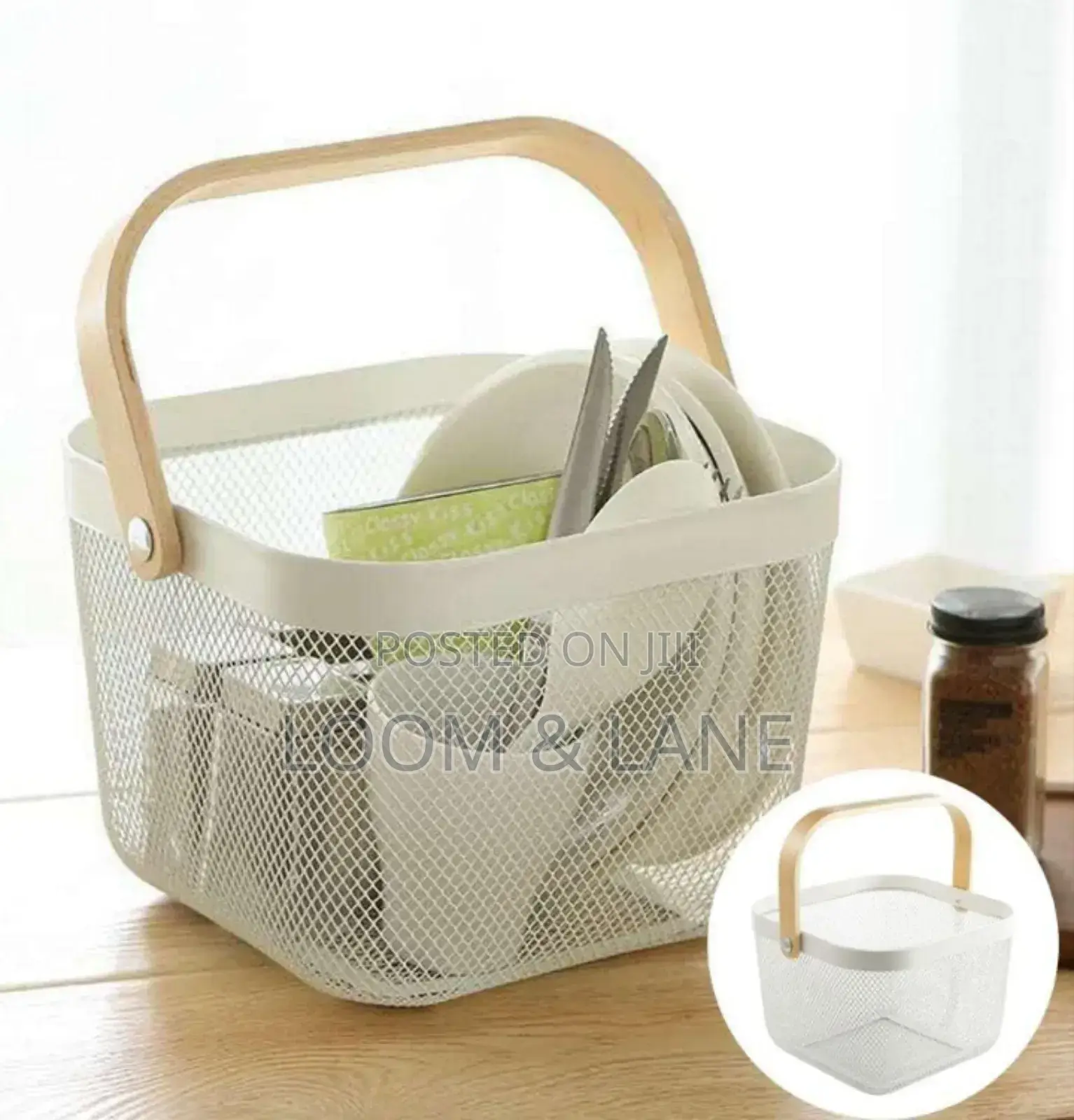 Mesh Steel Storage Organizer Basket With a Wooden or Bamboo Handle