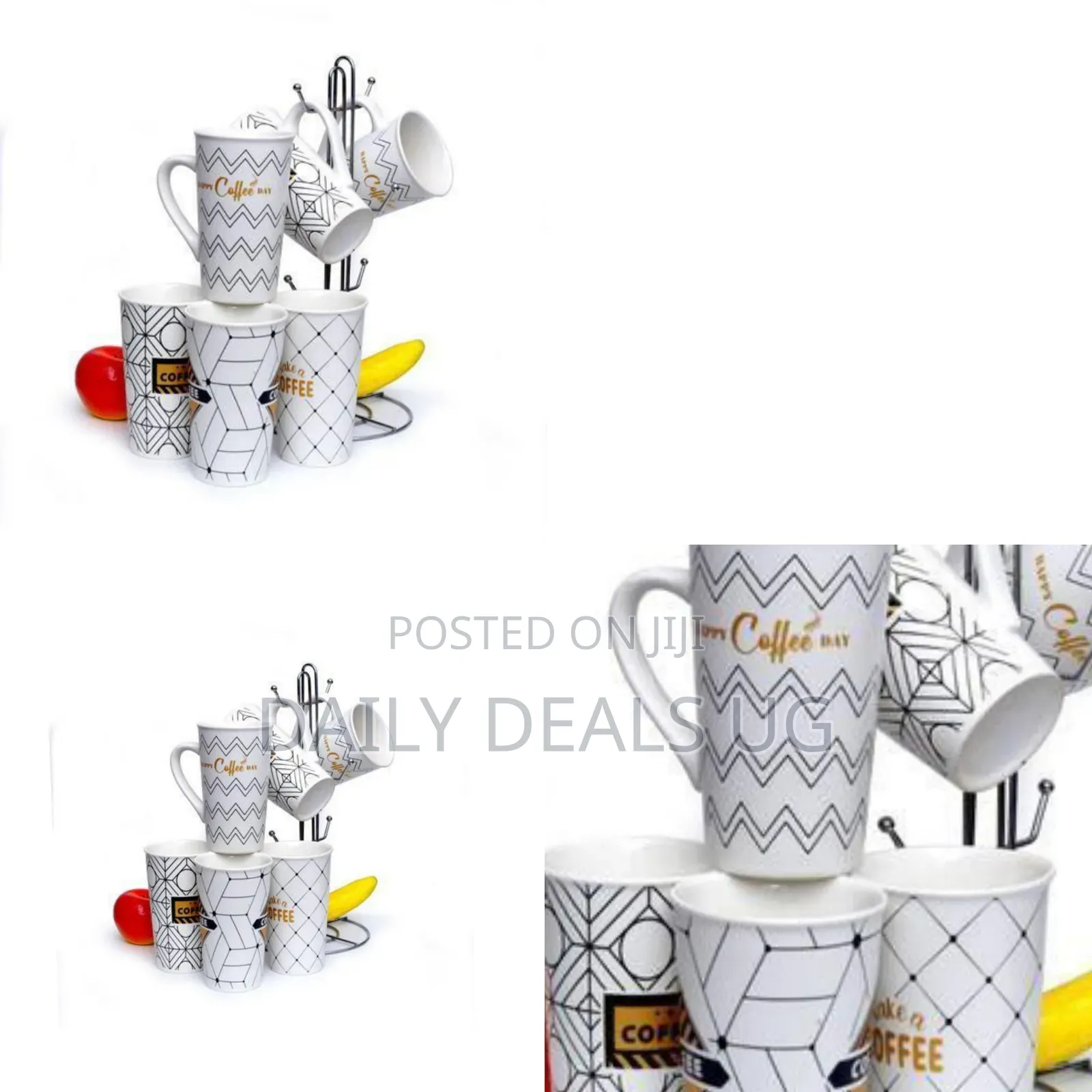 Coffee Tea Cups/Mugs With a Geometric Print and Metal Storage Stand