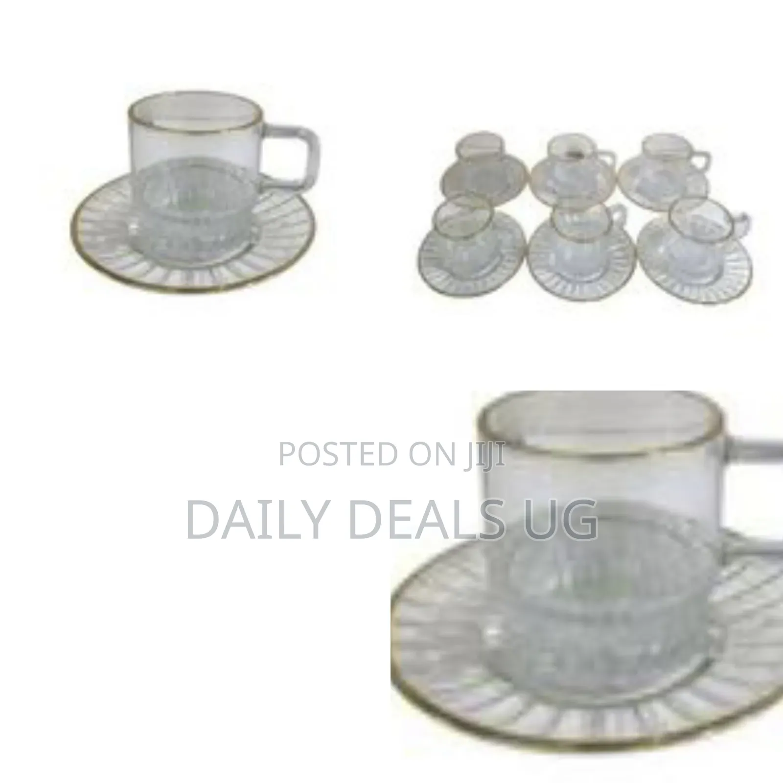 Set of Clear Glass Teacups and Saucers With a Golden Rim Accent