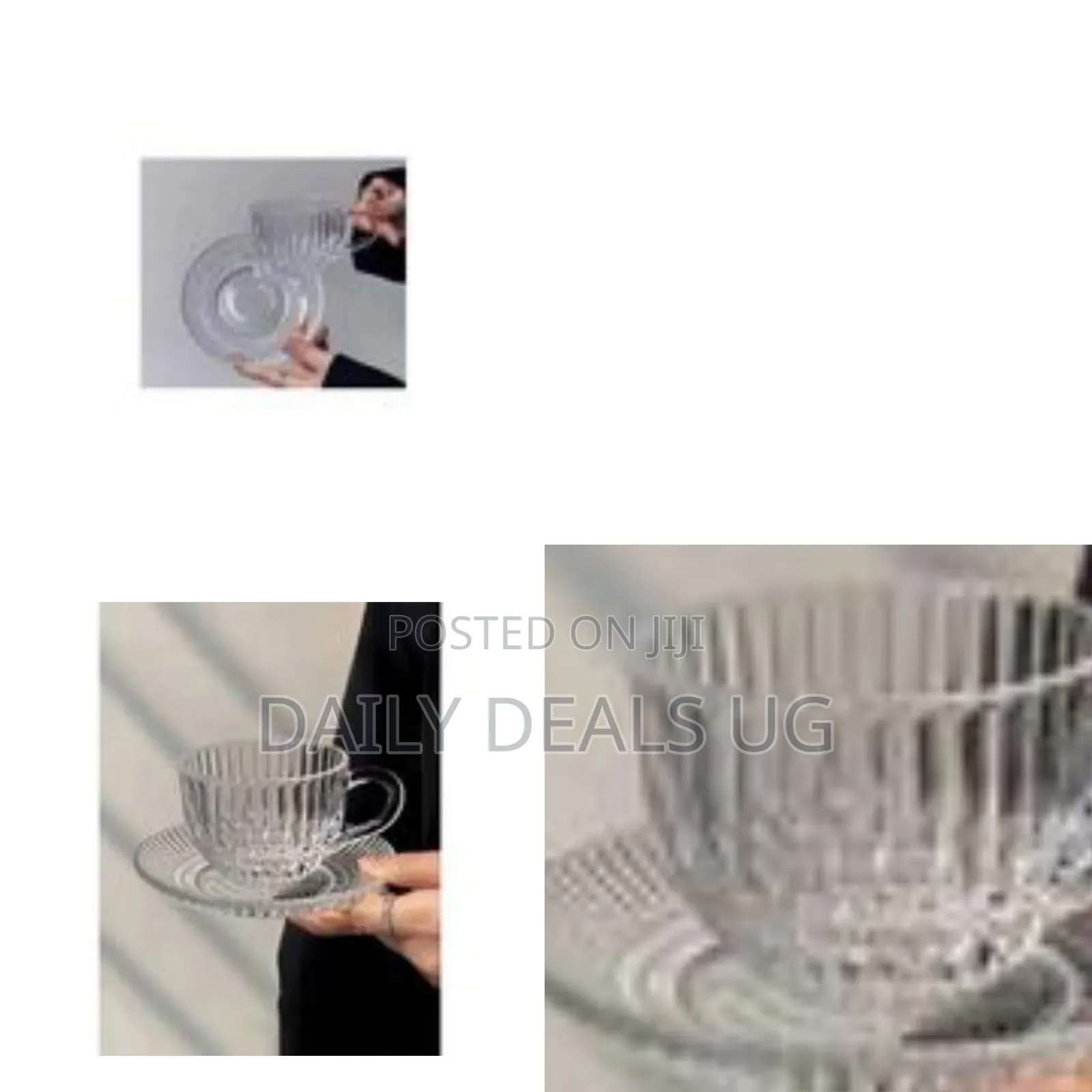 3-Piece Set of Clear Ribbed Glass Tea Cups and Saucers