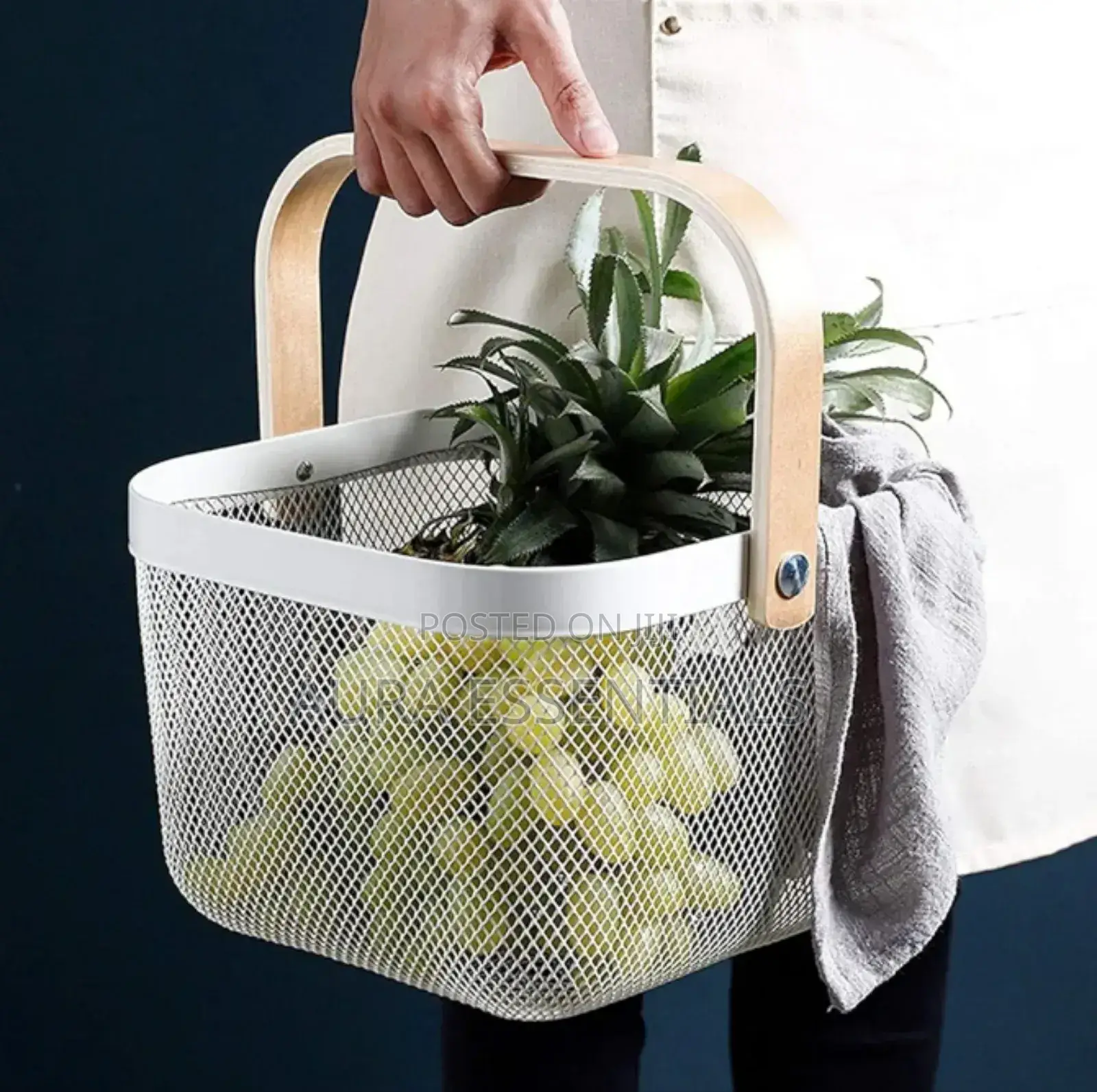 Mesh Steel Storage Organizer Basket With a Wooden or Bamboo Handle