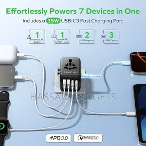 7-in-1 Universal Travel Adapter, 3 Usb-C Pd 2 Travel Plug Adapter,