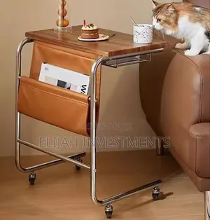 C-Shaped Rolling Side Table With a Pu Leather Storage Pocket