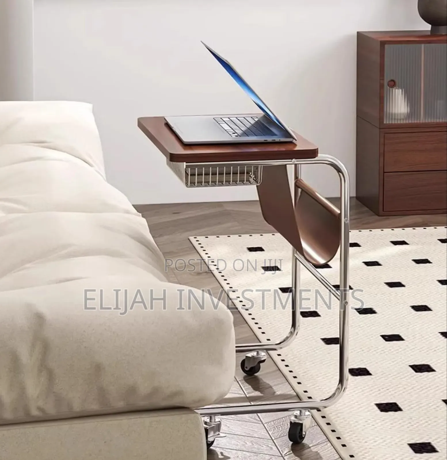 C-Shaped Rolling Side Table With a Pu Leather Storage Pocket