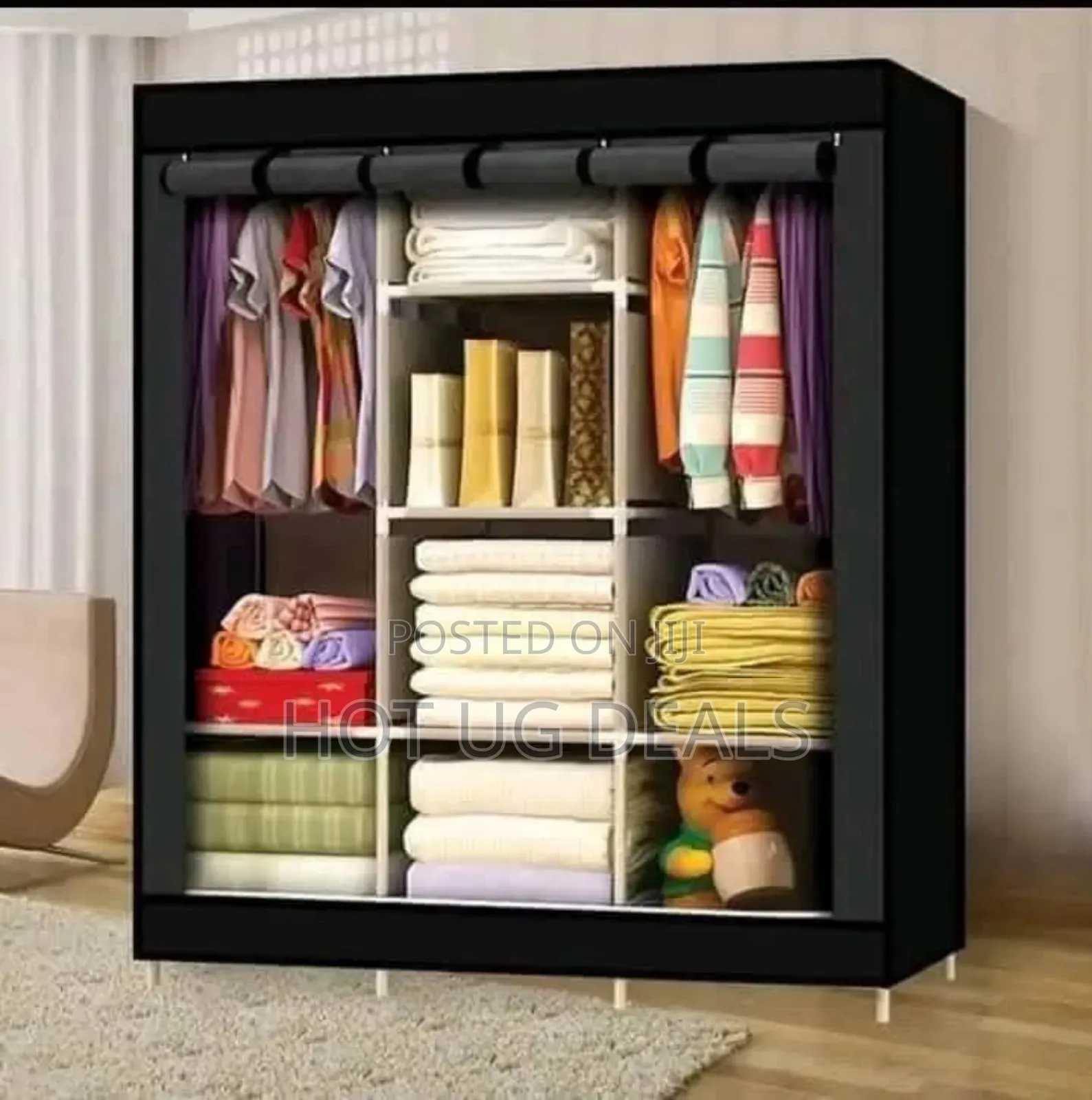 3 Column Metallic Cloth Wardrobe (Not Assembled) - Black
