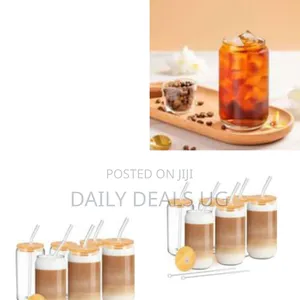 Set of 6 Clear Glass of Iced Tea With Straws and Lids